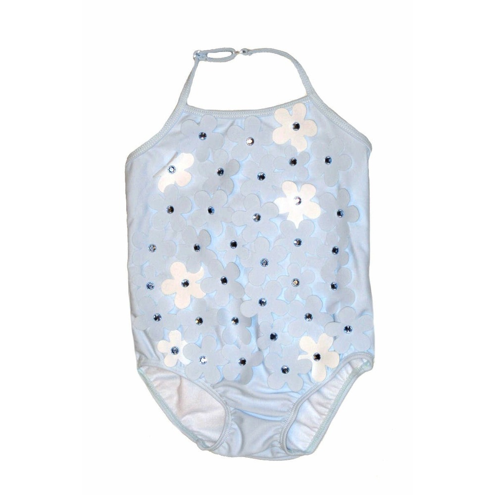 NEW Kate Mack 1pc Precious Blue Baby Girl Swimsuit w/Rhinestones & Flowers 12M